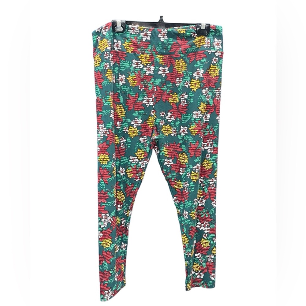 LulaRoe Hunter‎ Green Orange Red Poinsettia  Pattern Leggings